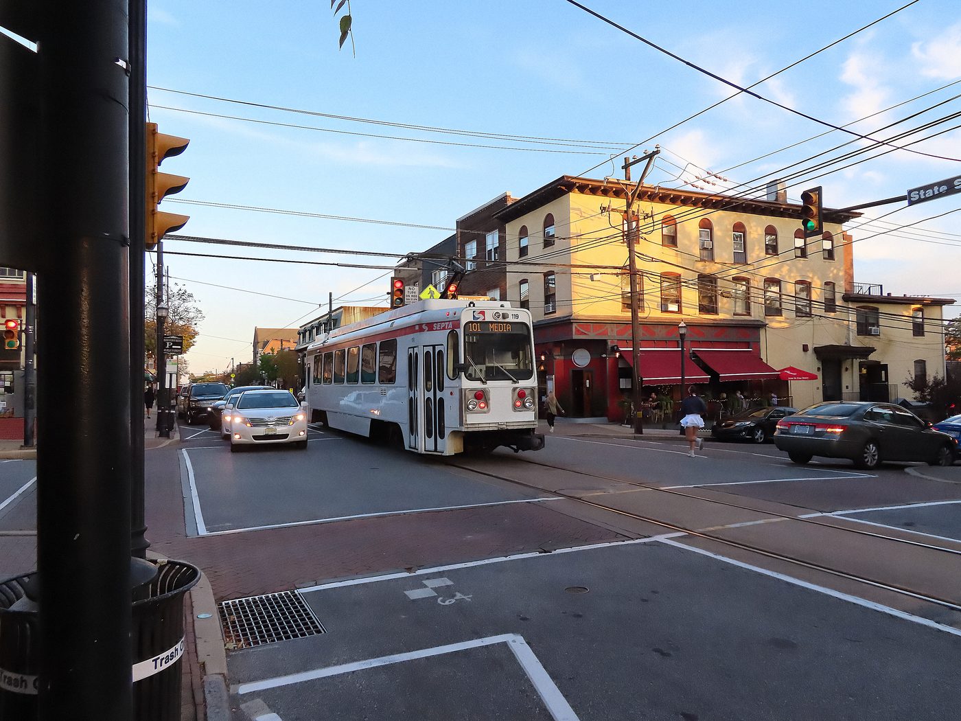 The trolley crossing State Street in Media. The 101 and the 102 still run down the middle of the road here, which is most of why people pay what they pay to live along them.