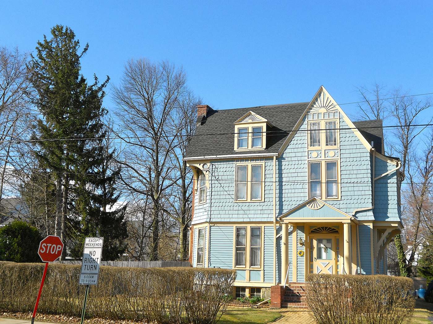 Another Ridley Park single, blue with a steep gable. The borough went up around the 1870s railroad and it still shows.